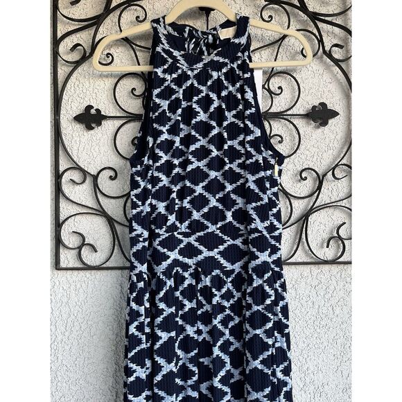 Michael Kors Jacquard Print Midi Halter Dress - Size Large - Navy Blue/ White - Picture 4 of 11